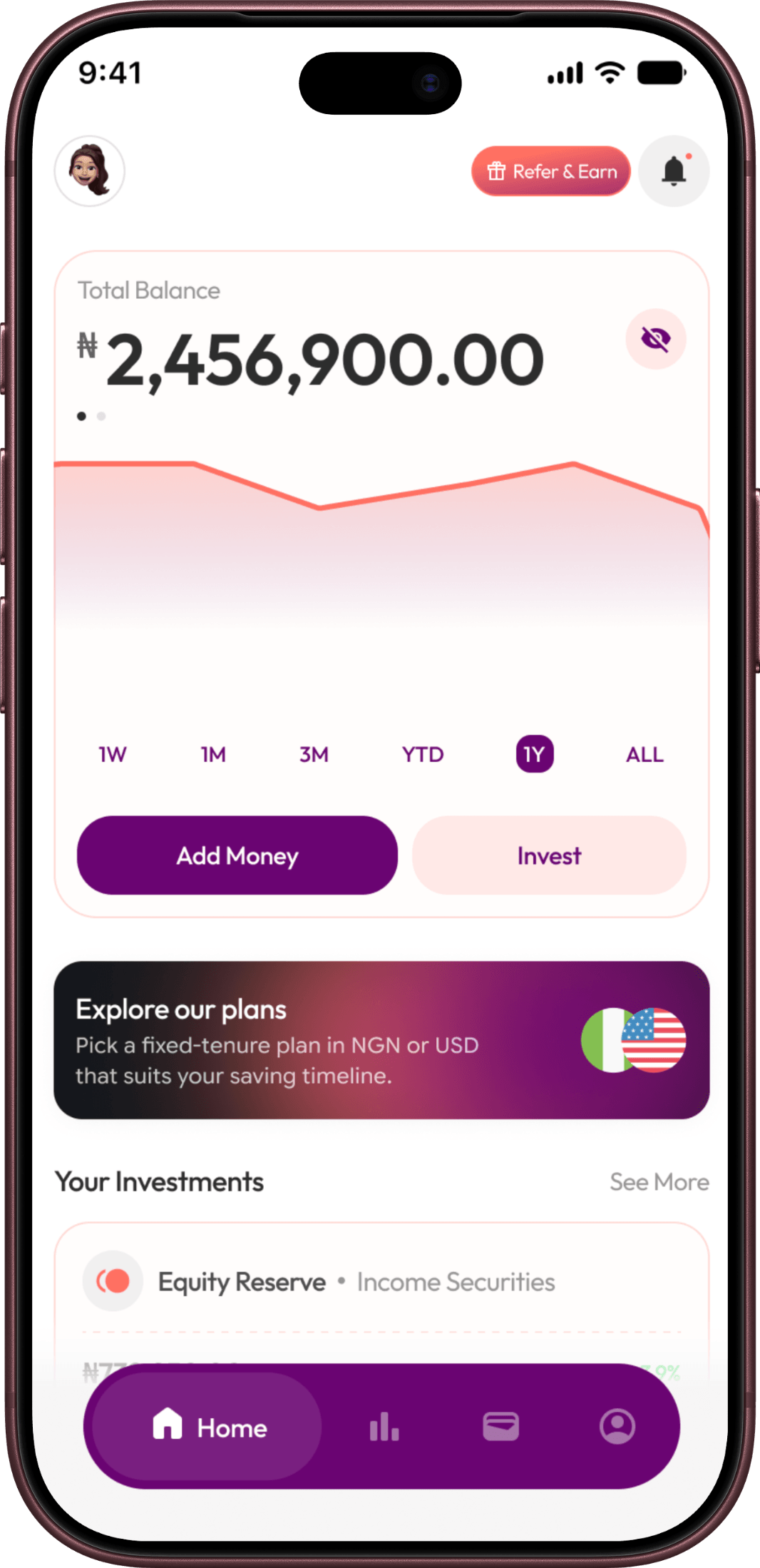 Kivo app home screen showing a total balance of ₦2,456,900.00