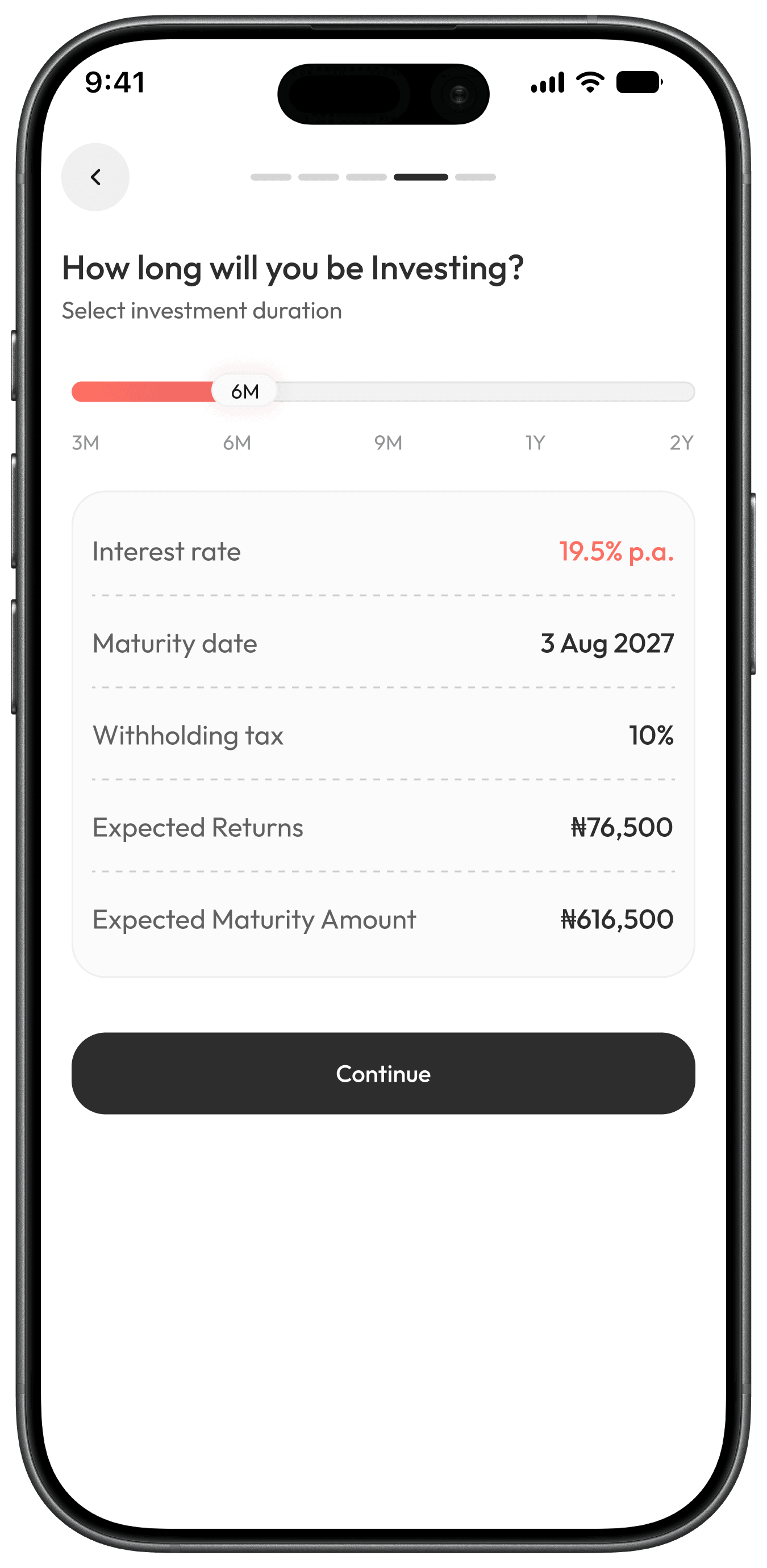 Kivo app screen for choosing an investment duration