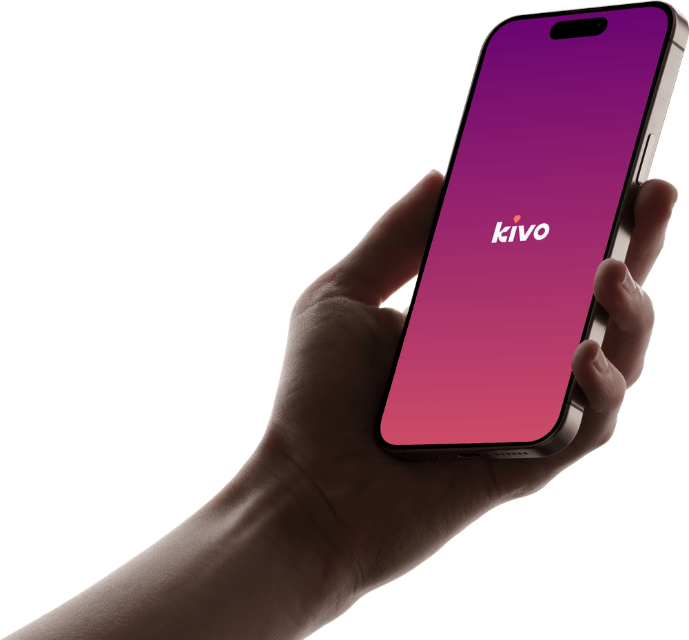 Hand holding a phone with the Kivo app open